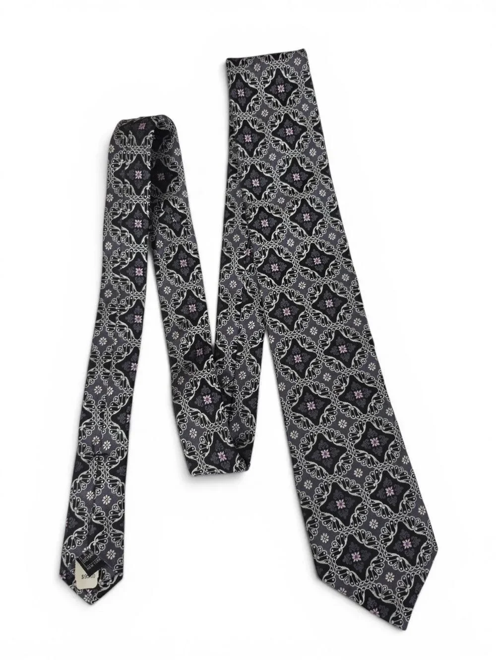Ike Behar Men's Black Gray Patterned Silk Tie with Subtle Purple Accent Necktie